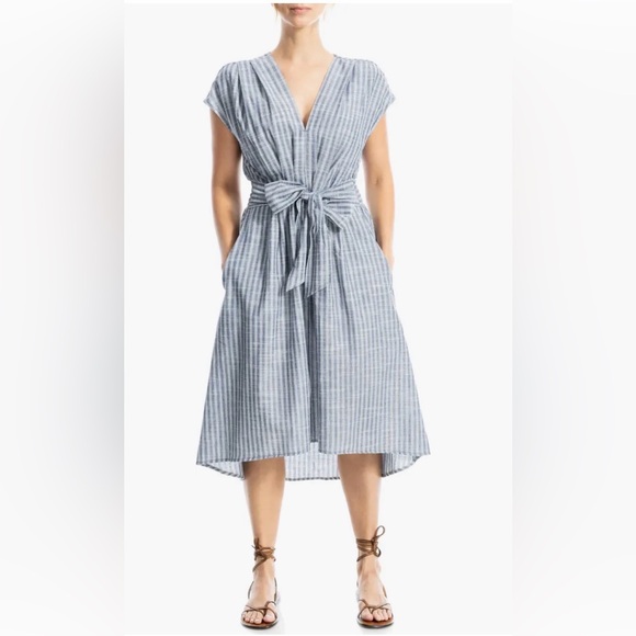 NWOT Max Studio Tie Front Cotton Blend Navy/White Train Striped Midi Dress - Picture 3 of 16